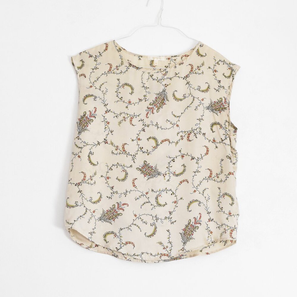MATTY M Floral Vine Paisley Patterned Short Sleeve Satin Blouse Top | Size S